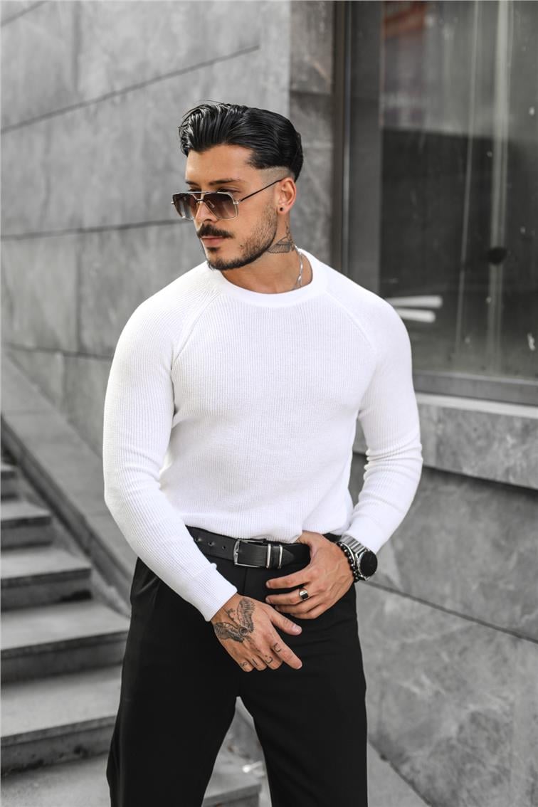 Sade Regular Fit  Triko Kazak Beyaz