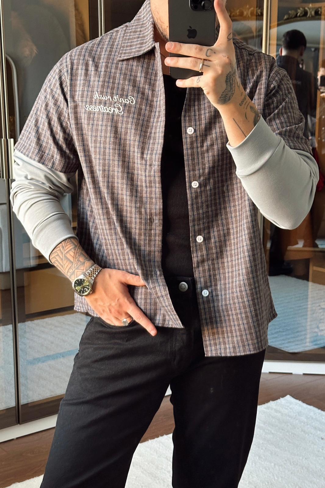 Şardonlu Kol Ekose Bol Gömlek Kahve