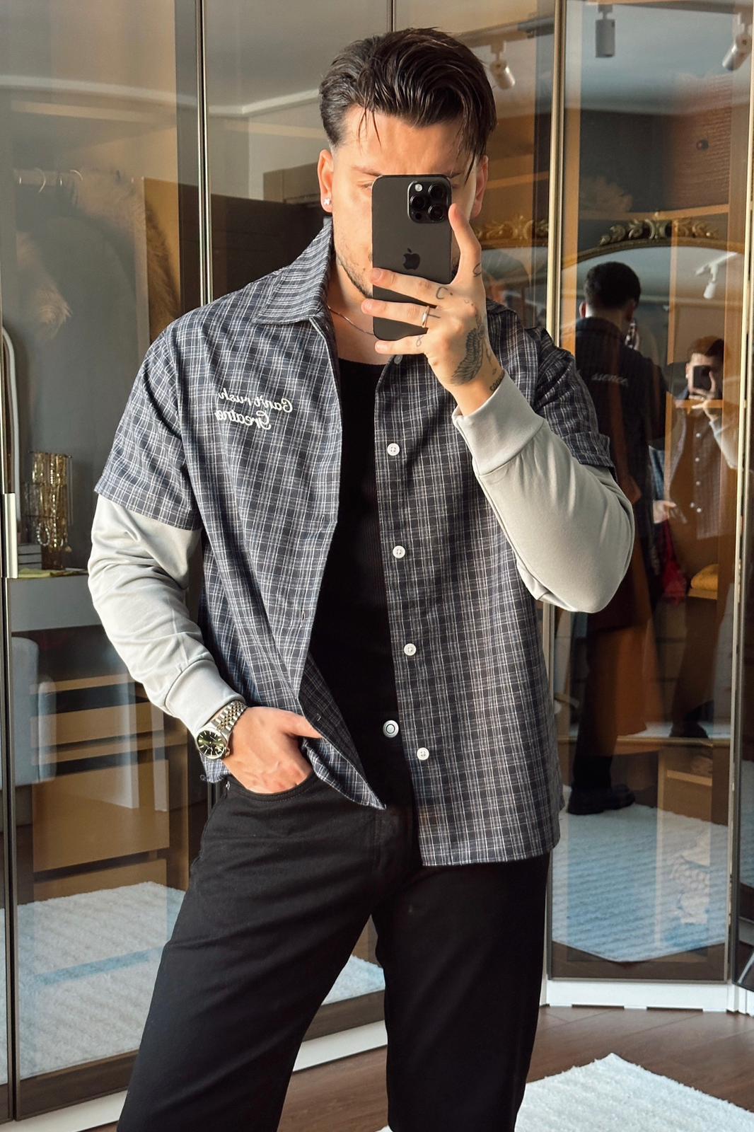 Şardonlu Kol Ekose Bol Gömlek Lacivert