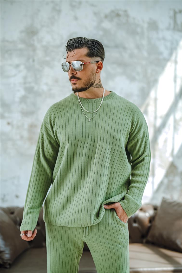 Şerit Dokulu Oversize Kazak Mint