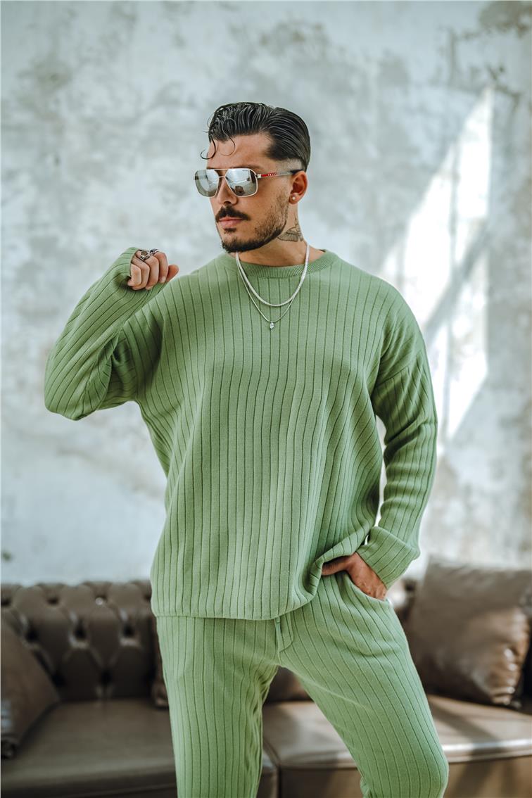 Şerit Dokulu Oversize Kazak Mint