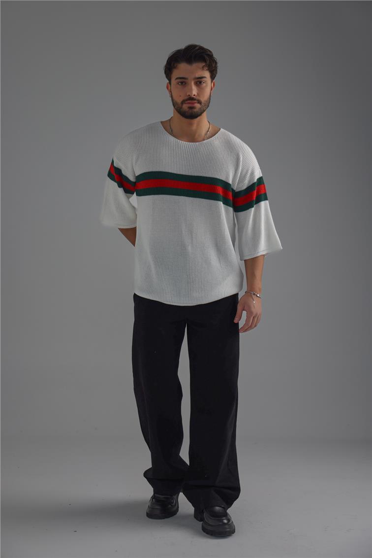 Şerit Renkli Örme Fakir Kol T-Shirt Beyaz