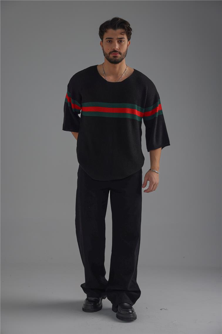 Şerit Renkli Örme Fakir Kol T-Shirt Siyah