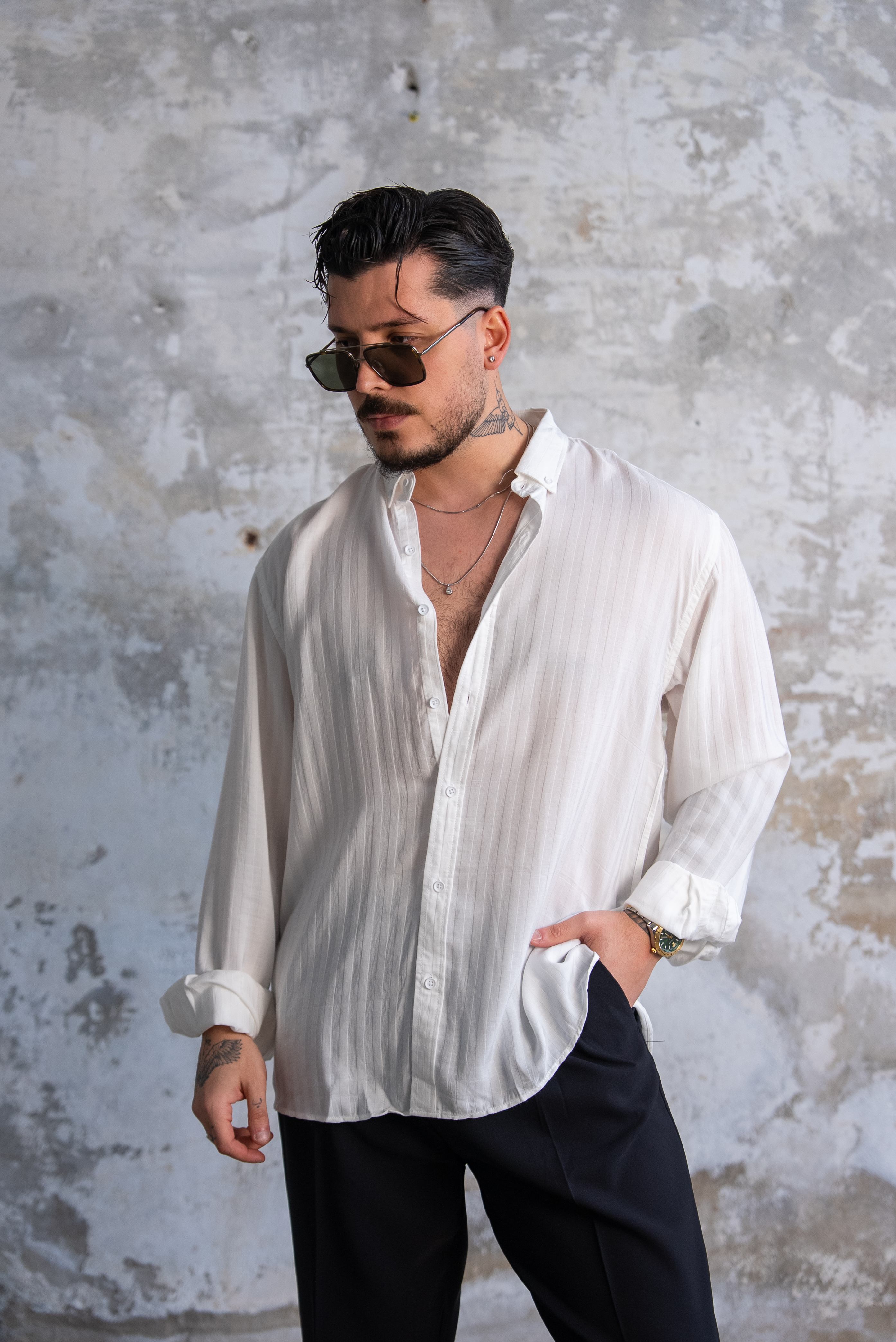 Şeritli İnce Oversize Gömlek Beyaz