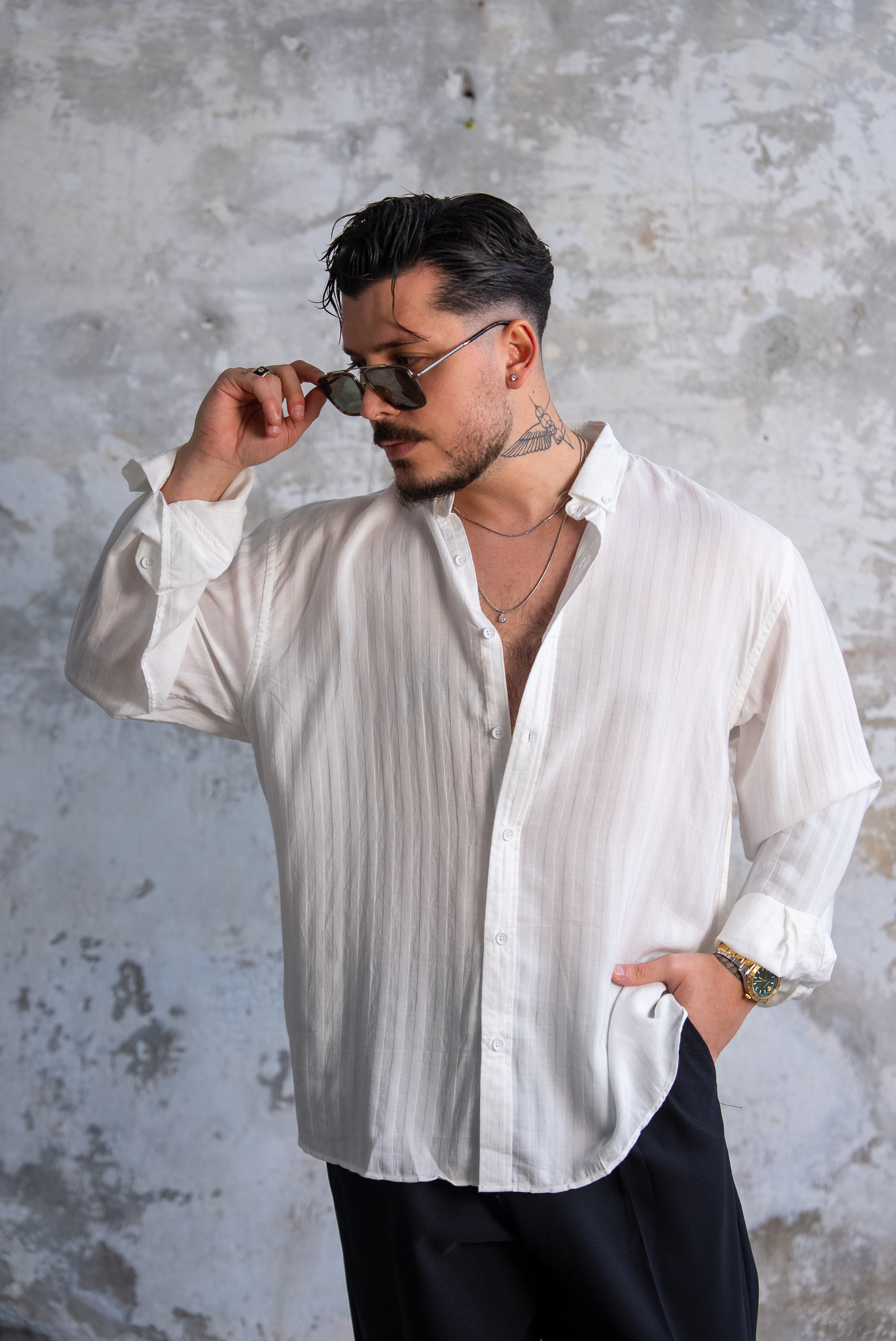 Şeritli İnce Oversize Gömlek Beyaz