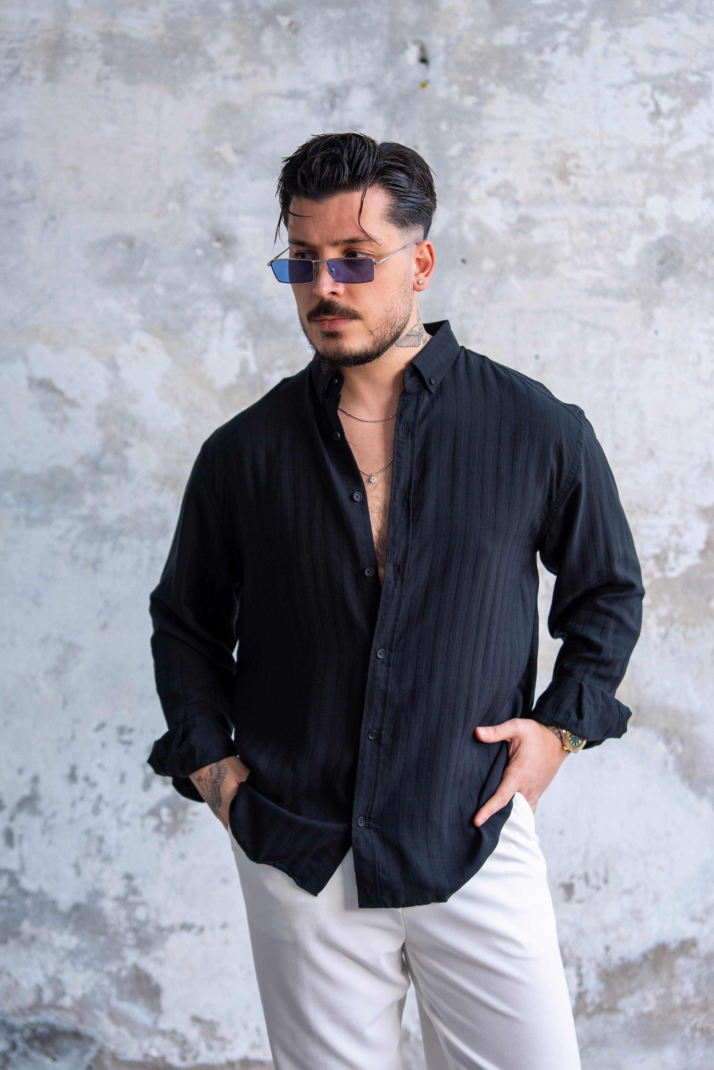 Şeritli İnce Oversize Gömlek Siyah