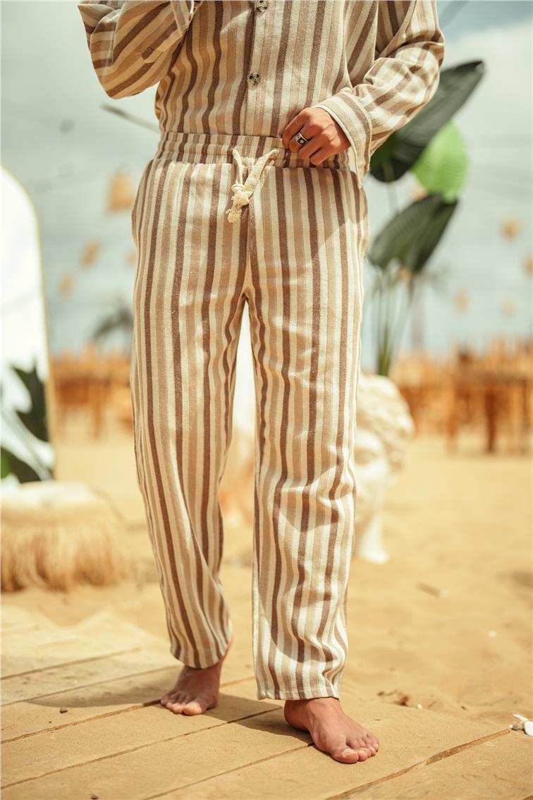 Şeritli Keten Baggy Pantolon Kahve