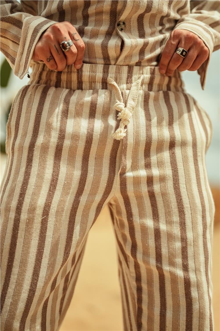Şeritli Keten Baggy Pantolon Kahve