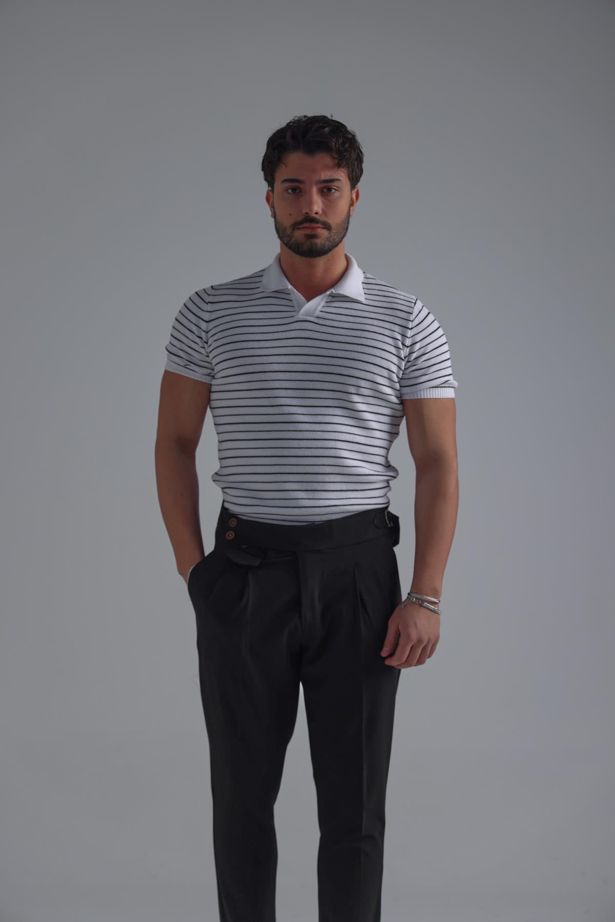 Şeritli Polo Yaka T-Shirt Beyaz