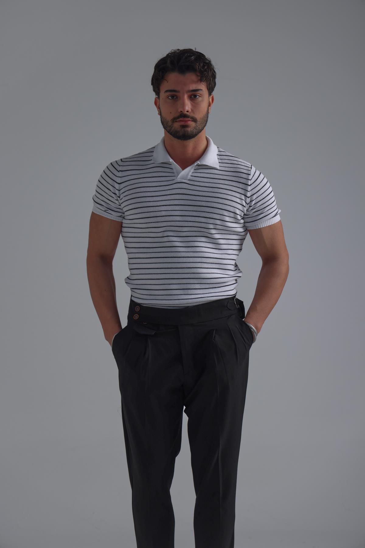 Şeritli Polo Yaka T-Shirt Beyaz