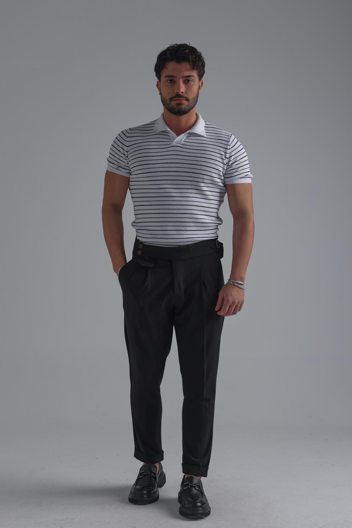 Şeritli Polo Yaka T-Shirt Beyaz