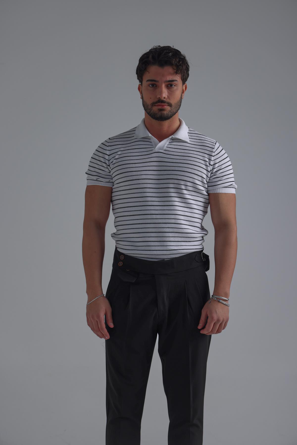 Şeritli Polo Yaka T-Shirt Beyaz