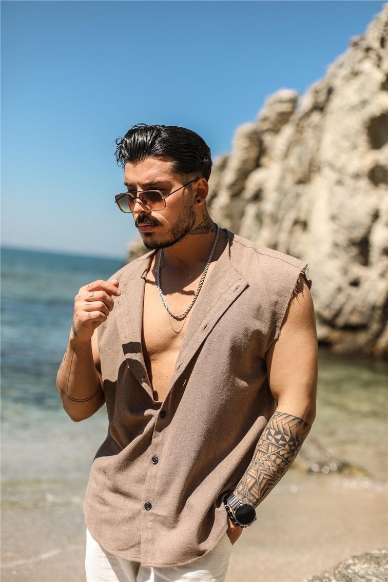 Sıfır Kol Yırtık Detaylı Oversize Gömlek Kahve
