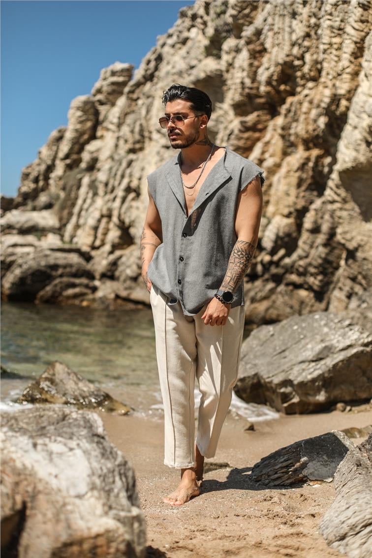 Sıfır Kol Yırtık Detaylı Oversize Gömlek Gri