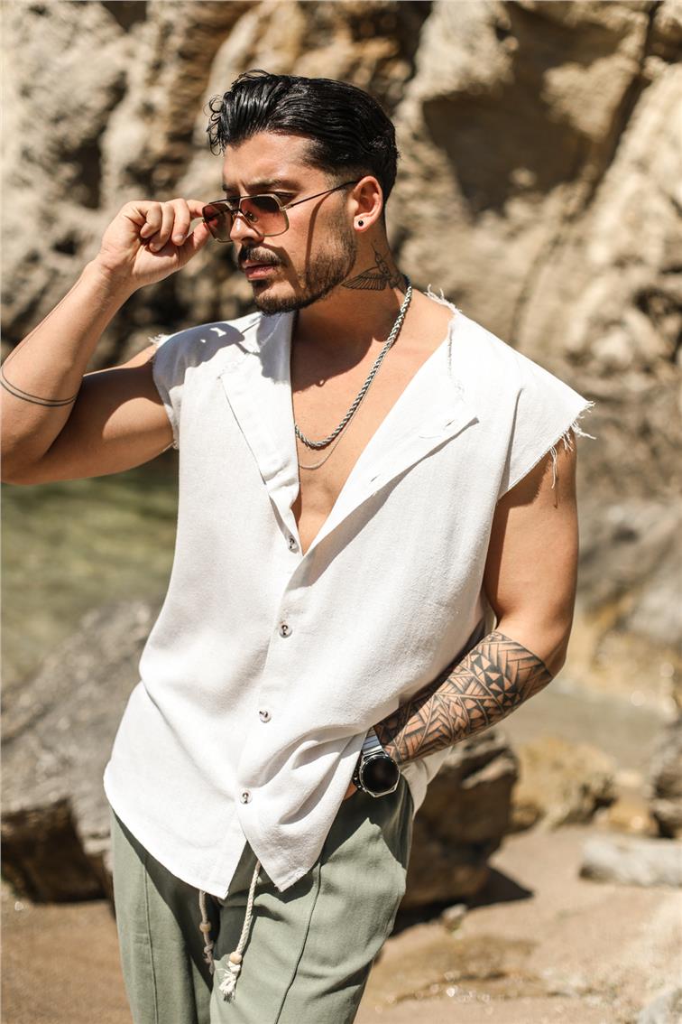 Sıfır Kol Yırtık Detaylı Oversize Gömlek Beyaz