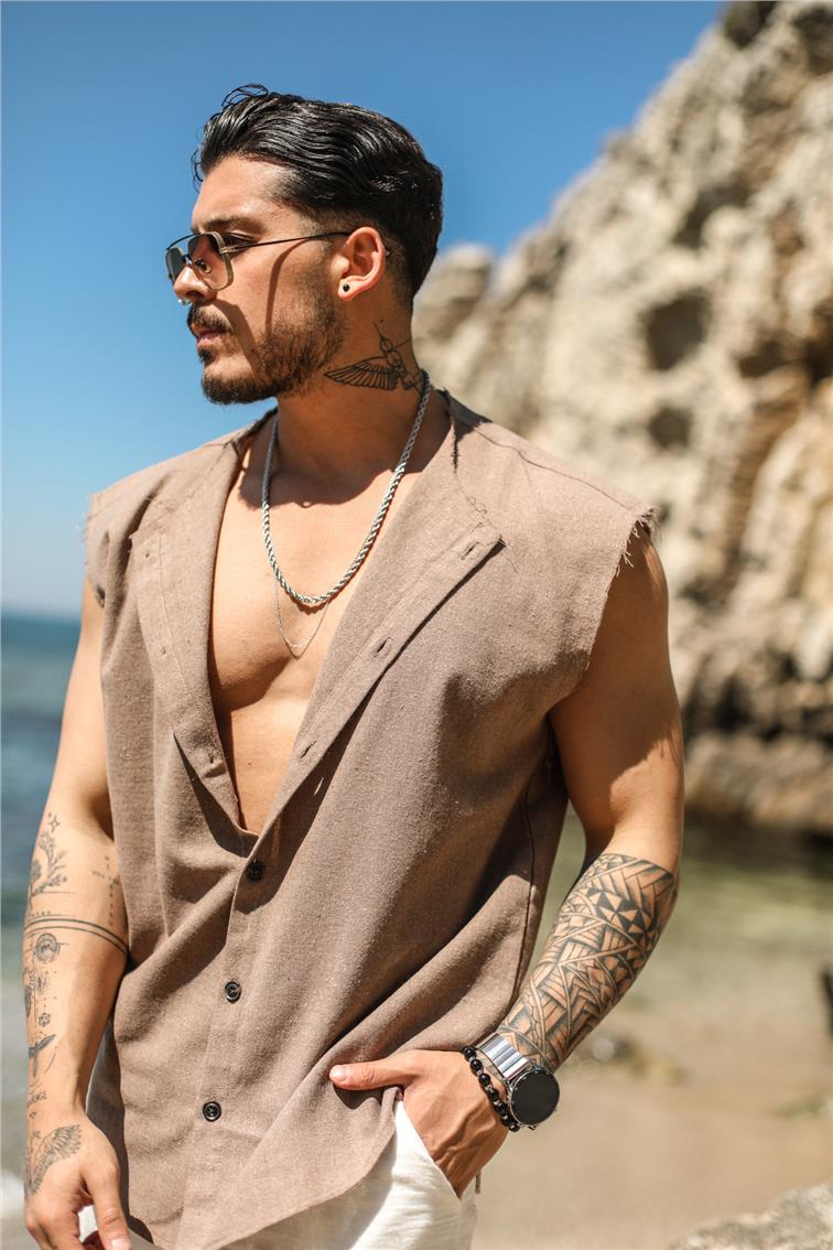 Sıfır Kol Yırtık Detaylı Oversize Gömlek Kahve