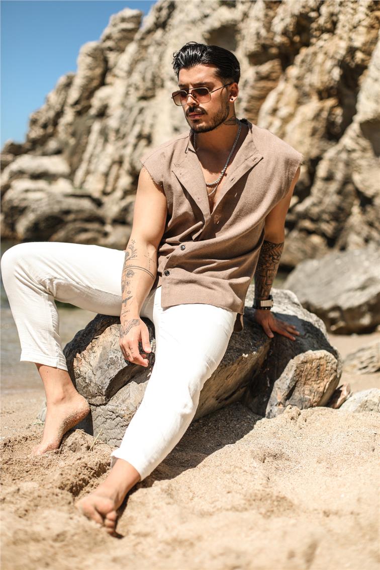 Sıfır Kol Yırtık Detaylı Oversize Gömlek Kahve