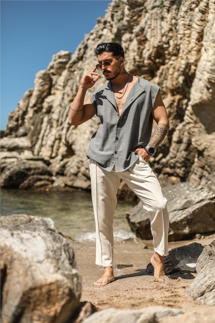 Sıfır Kol Yırtık Detaylı Oversize Gömlek Gri