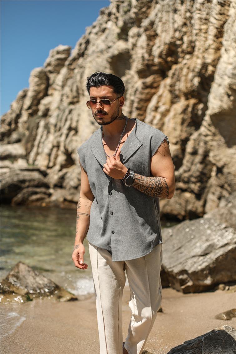 Sıfır Kol Yırtık Detaylı Oversize Gömlek Gri