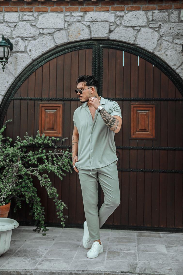 Slim Fit Pilili Kısa Kol Gömlek Gri