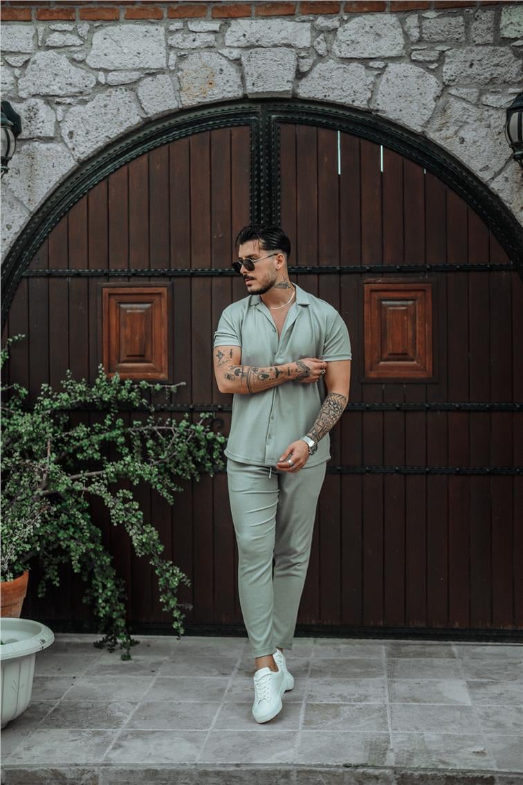 Slim Fit Pilili Kısa Kol Gömlek Gri
