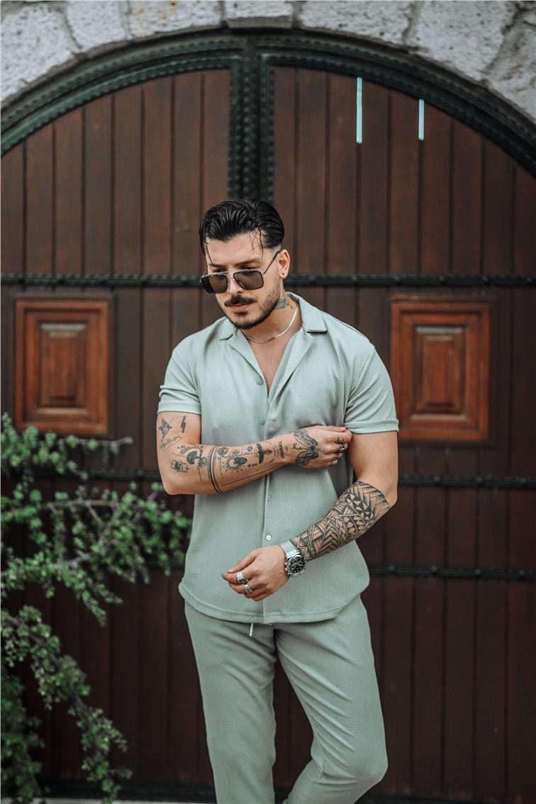 Slim Fit Pilili Kısa Kol Gömlek Gri