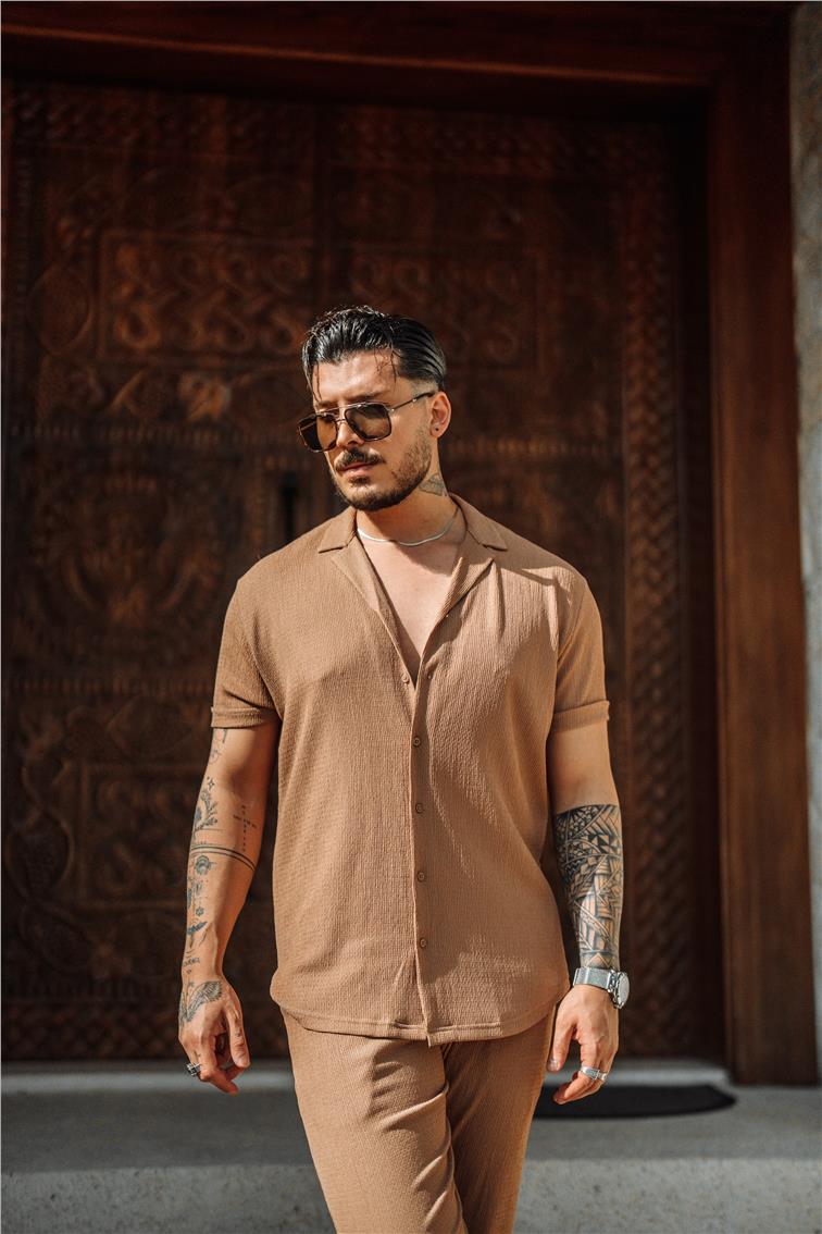 Slim Fit Pilili Kısa Kol Gömlek Kahve
