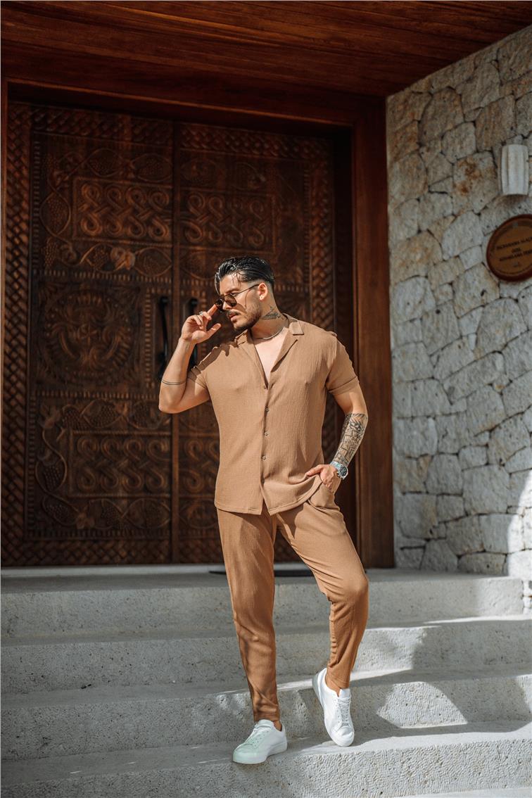 Slim Fit Pilili Kısa Kol Gömlek Kahve
