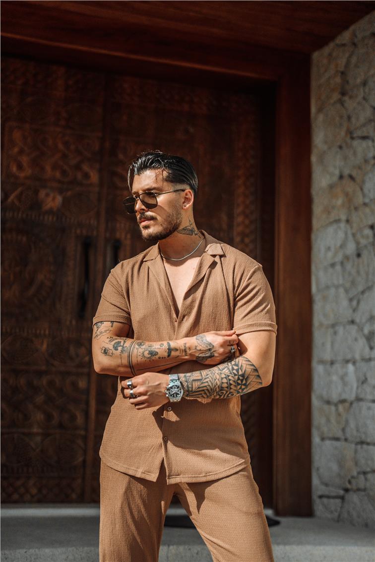 Slim Fit Pilili Kısa Kol Gömlek Kahve