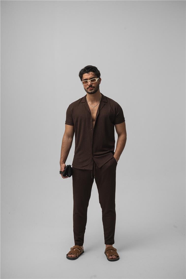 Slim Fit Pilili Kısa Kol Gömlek Kahve