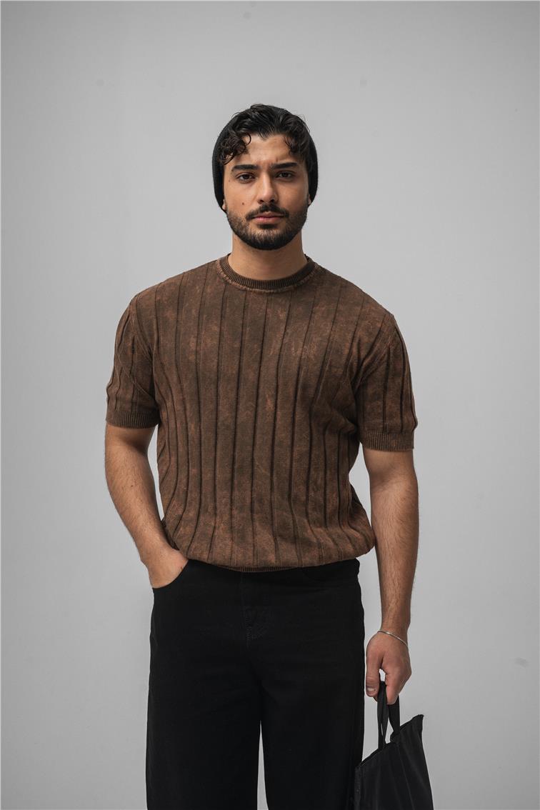 Slim Fit Washed Lines Knit T-Shirt Yıkamalı Kahve