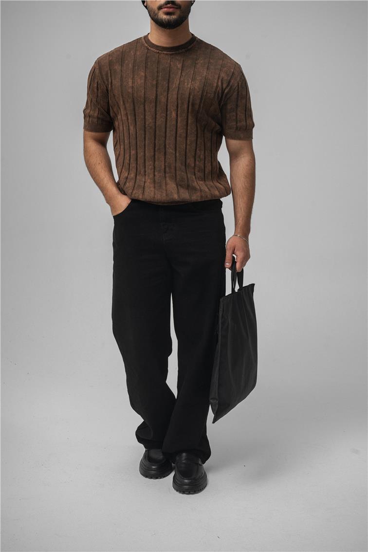 Slim Fit Washed Lines Knit T-Shirt Yıkamalı Kahve