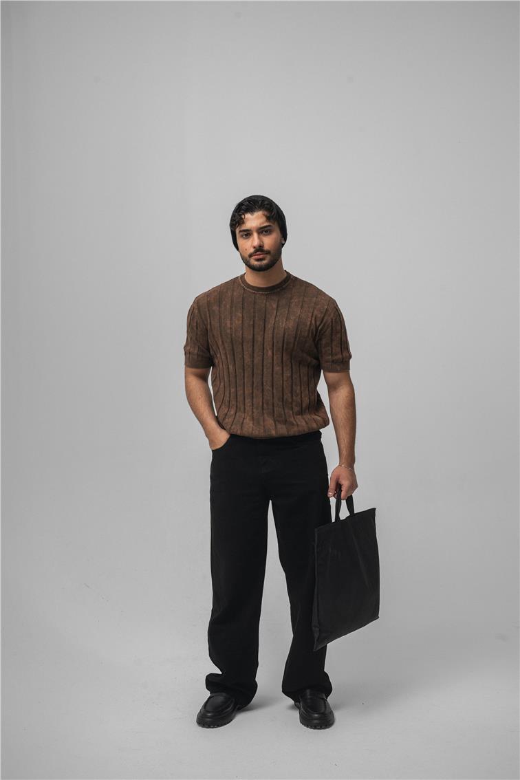 Slim Fit Washed Lines Knit T-Shirt Yıkamalı Kahve