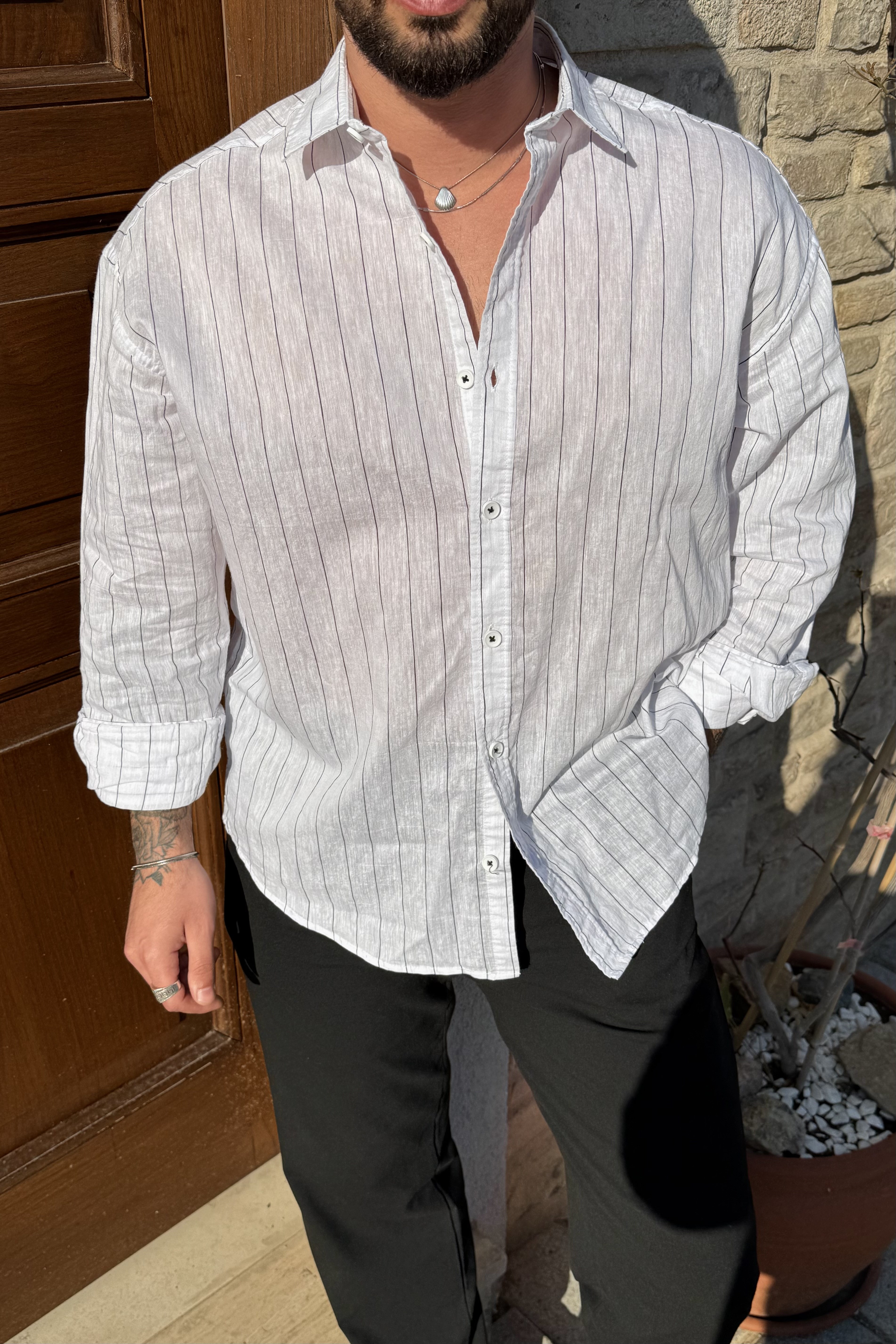 Striped Linen Oversize Gömlek Beyaz