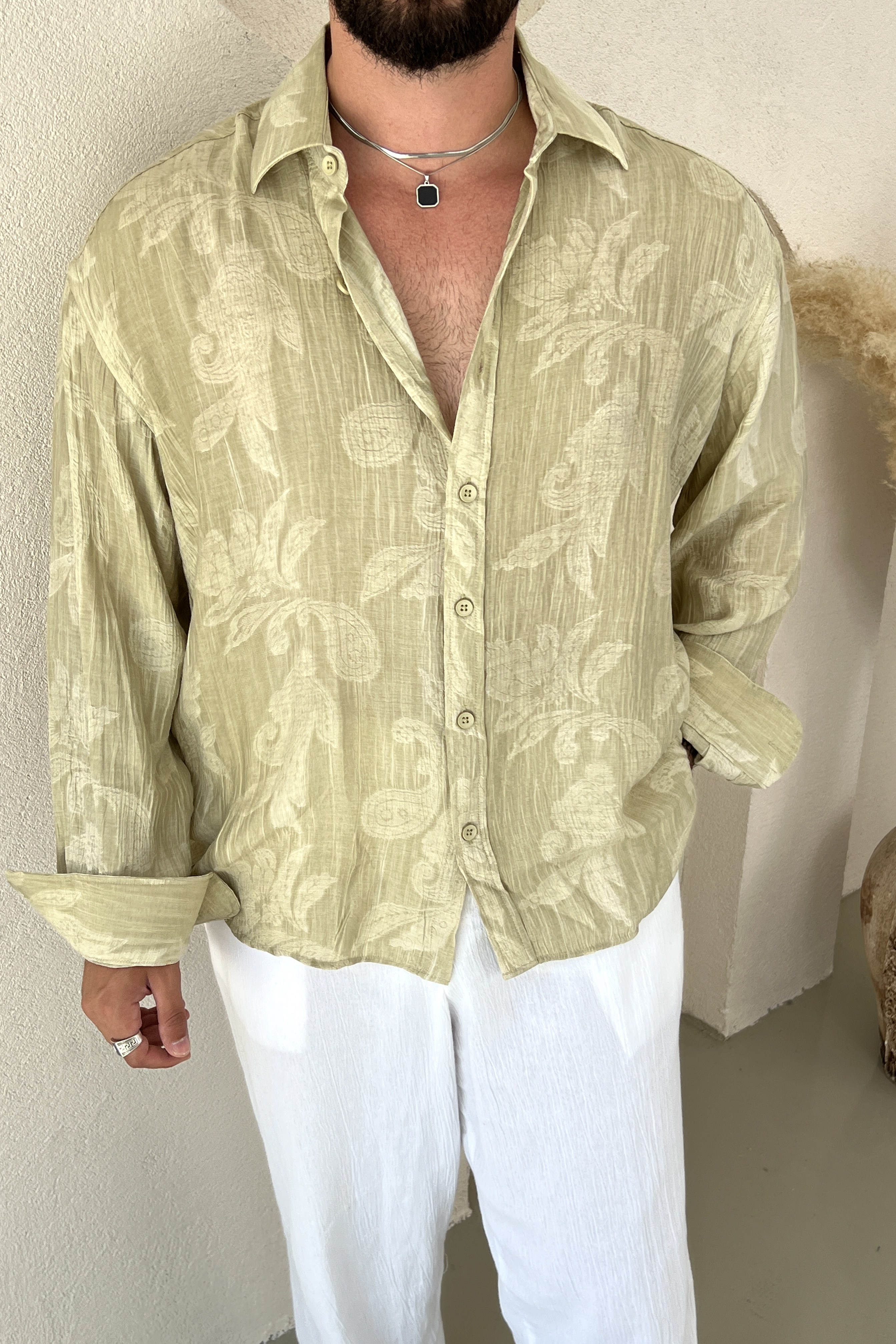 Tril Oversize Kendinden Nakışlı Gömlek Mint