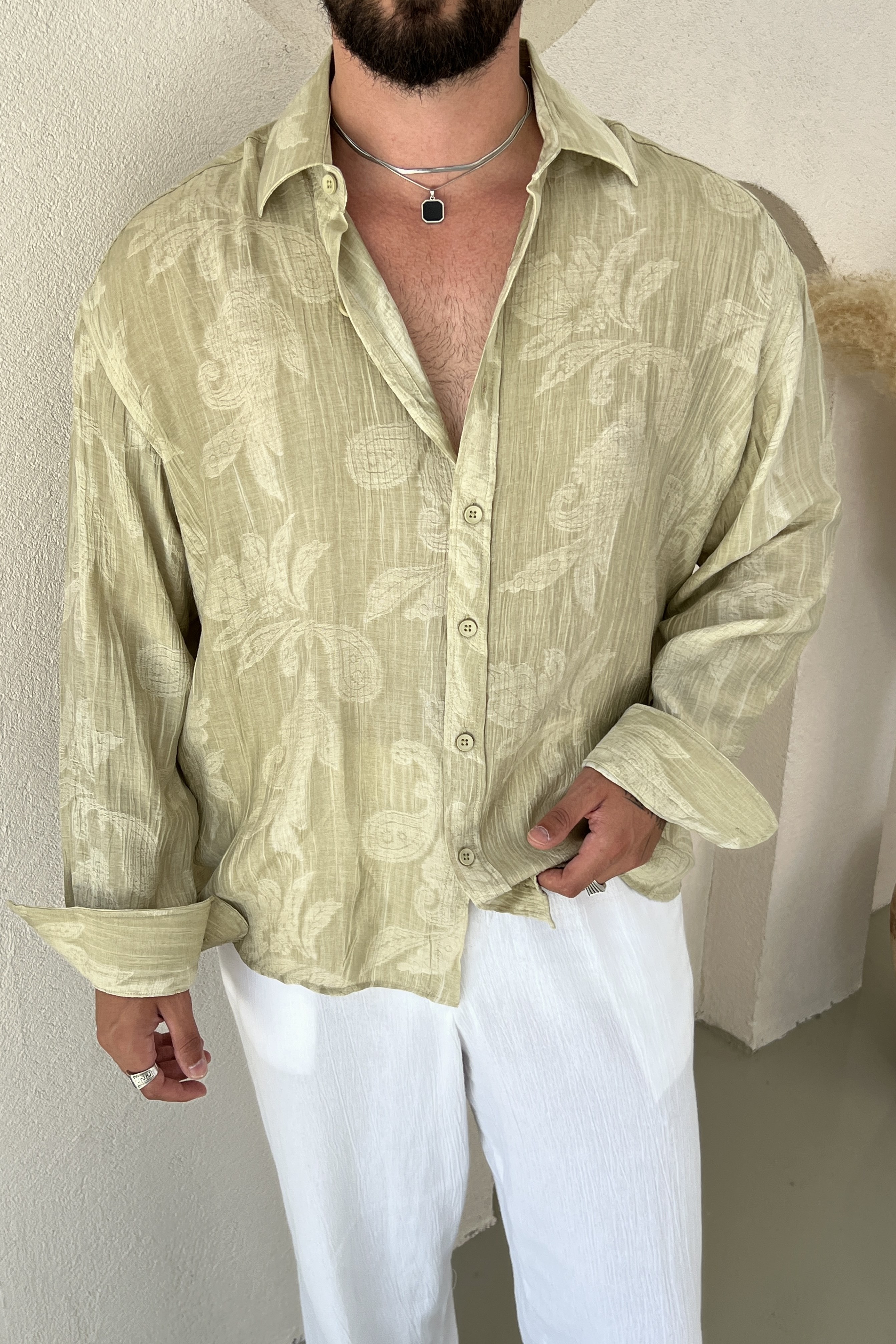Tril Oversize Kendinden Nakışlı Gömlek Mint