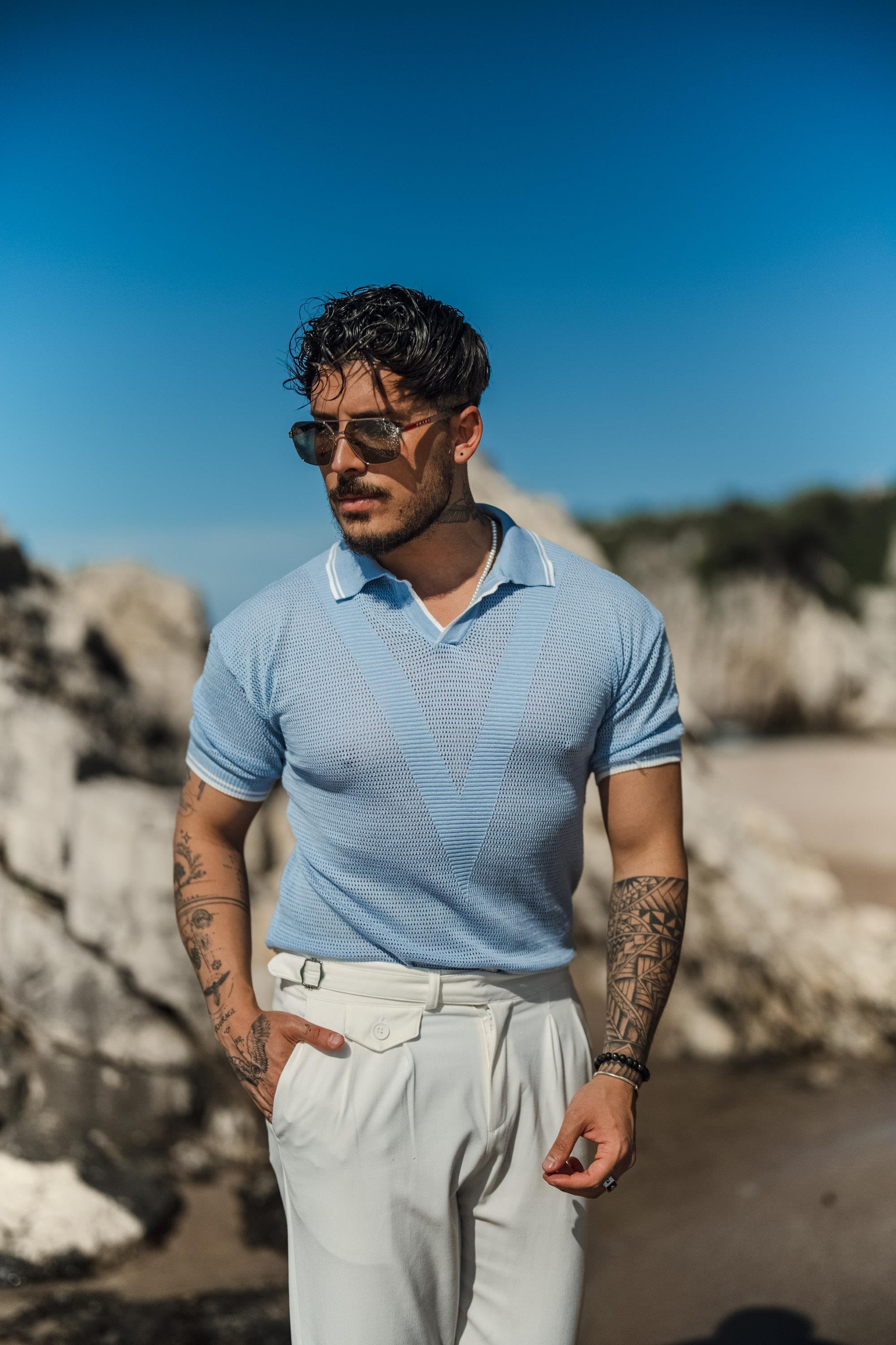 V Örgülü Polo Yaka T-Shirt Açık Mavi