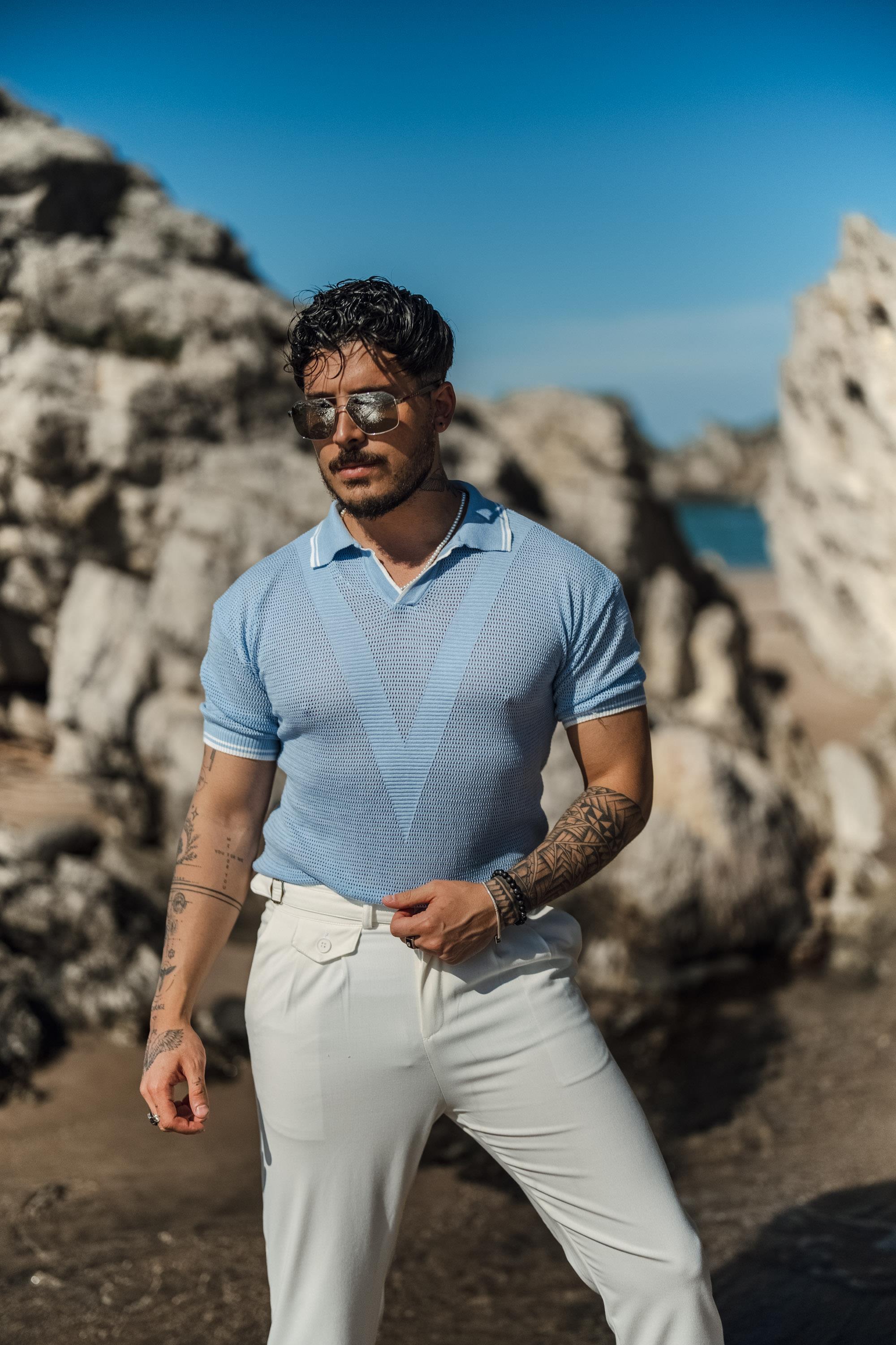 V Örgülü Polo Yaka T-Shirt Açık Mavi