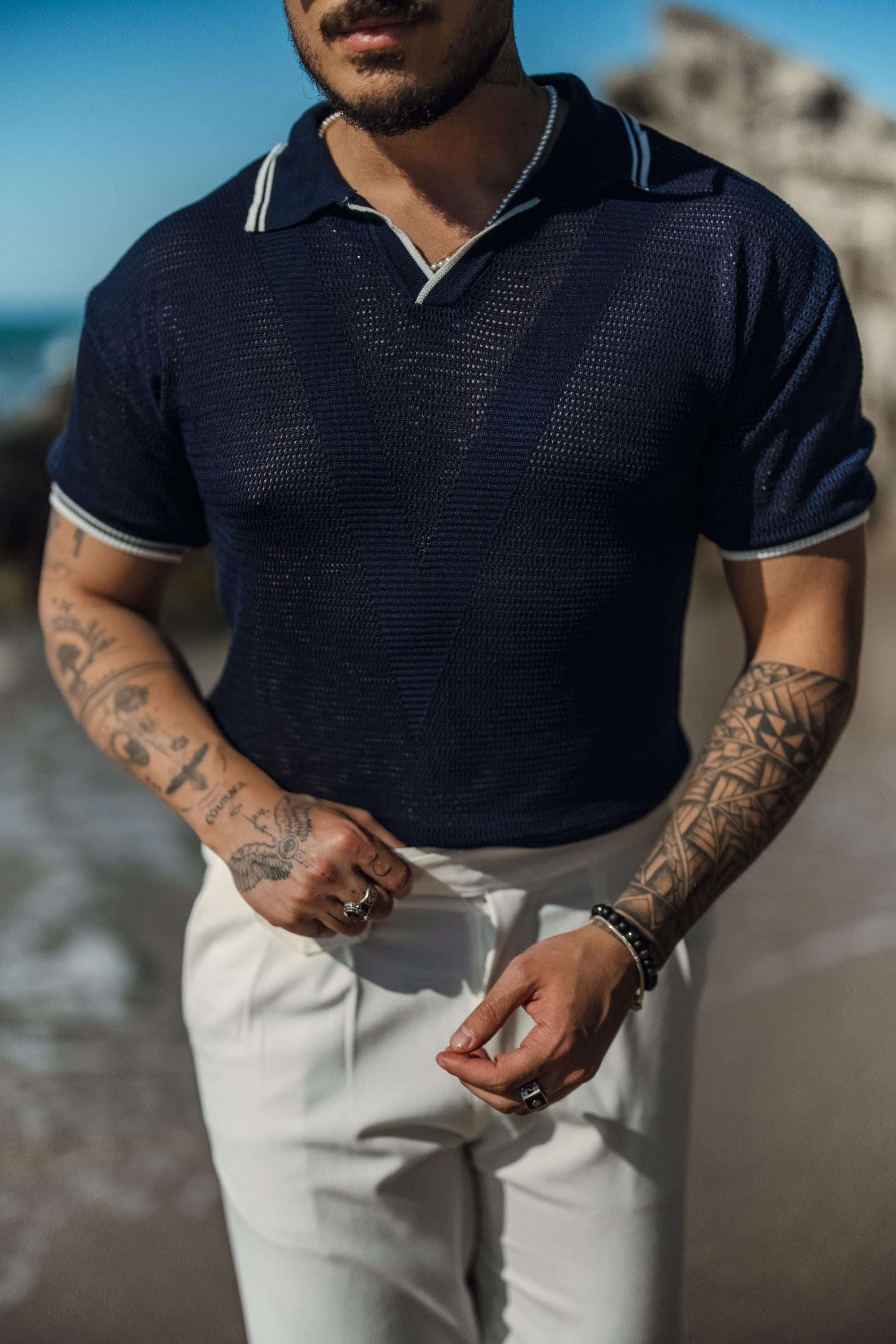 V Örgülü Polo Yaka T-Shirt Lacivert