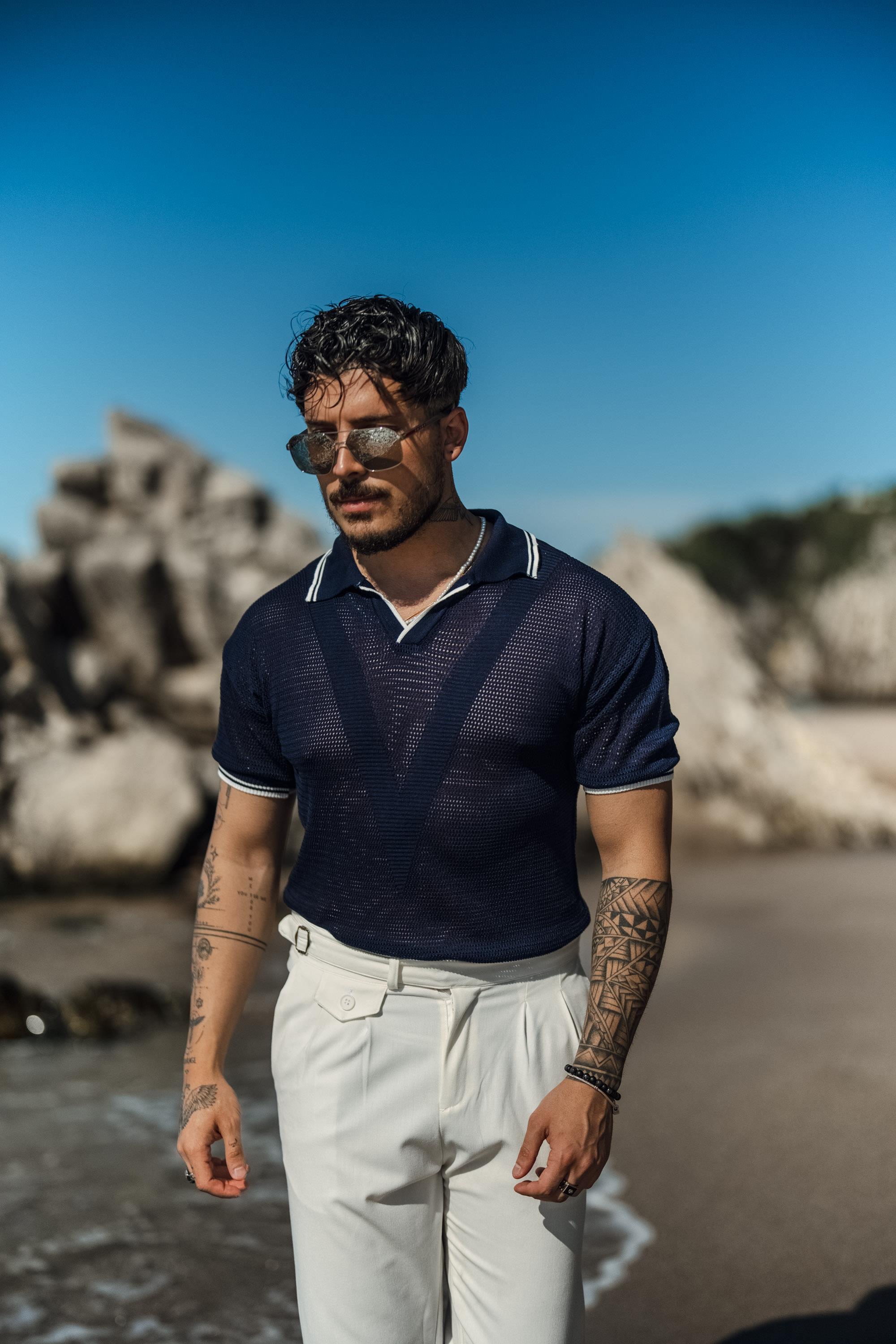 V Örgülü Polo Yaka T-Shirt Lacivert