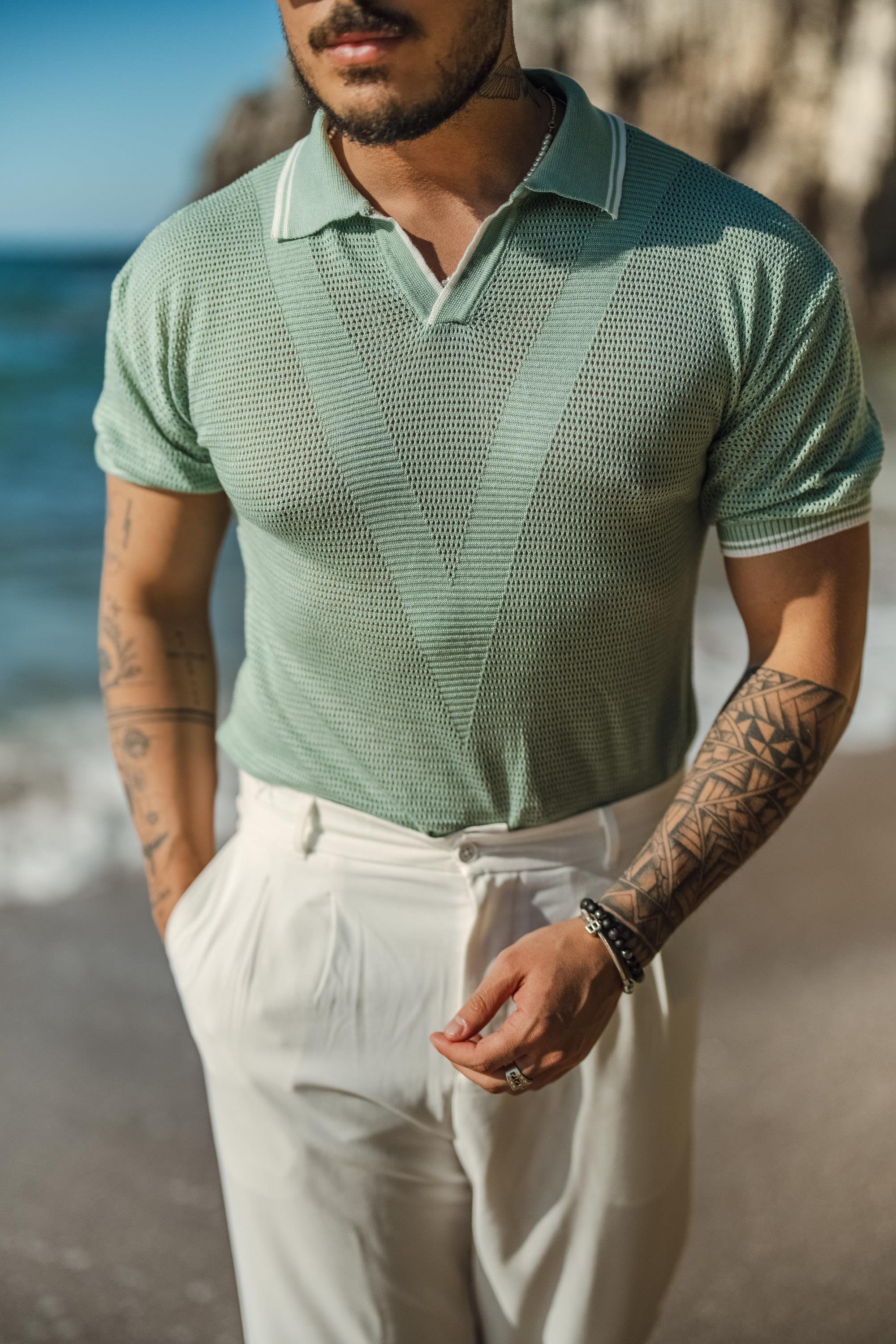 V Örgülü Polo Yaka T-Shirt Mint