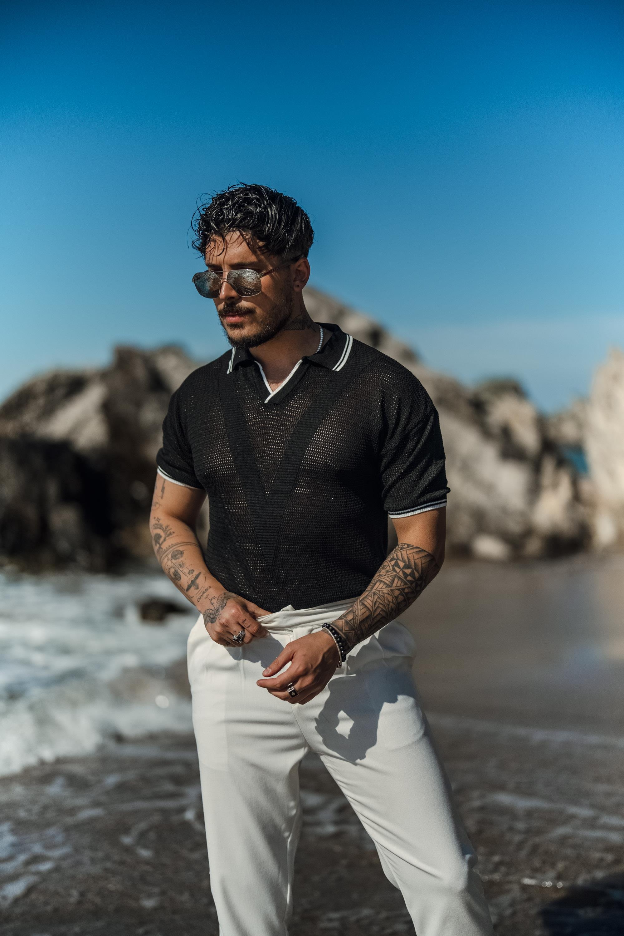 V Örgülü Polo Yaka T-Shirt Siyah