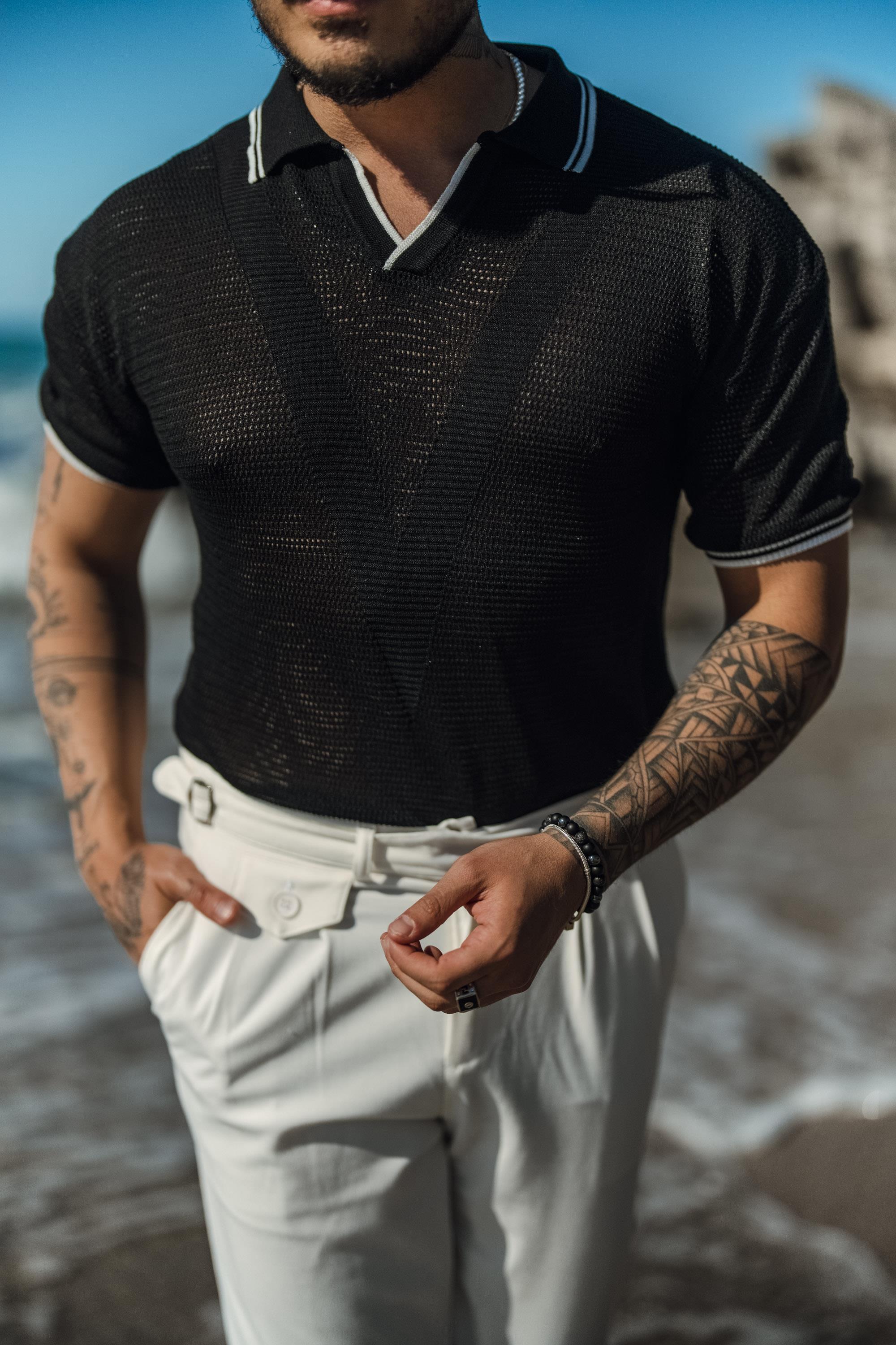 V Örgülü Polo Yaka T-Shirt Siyah