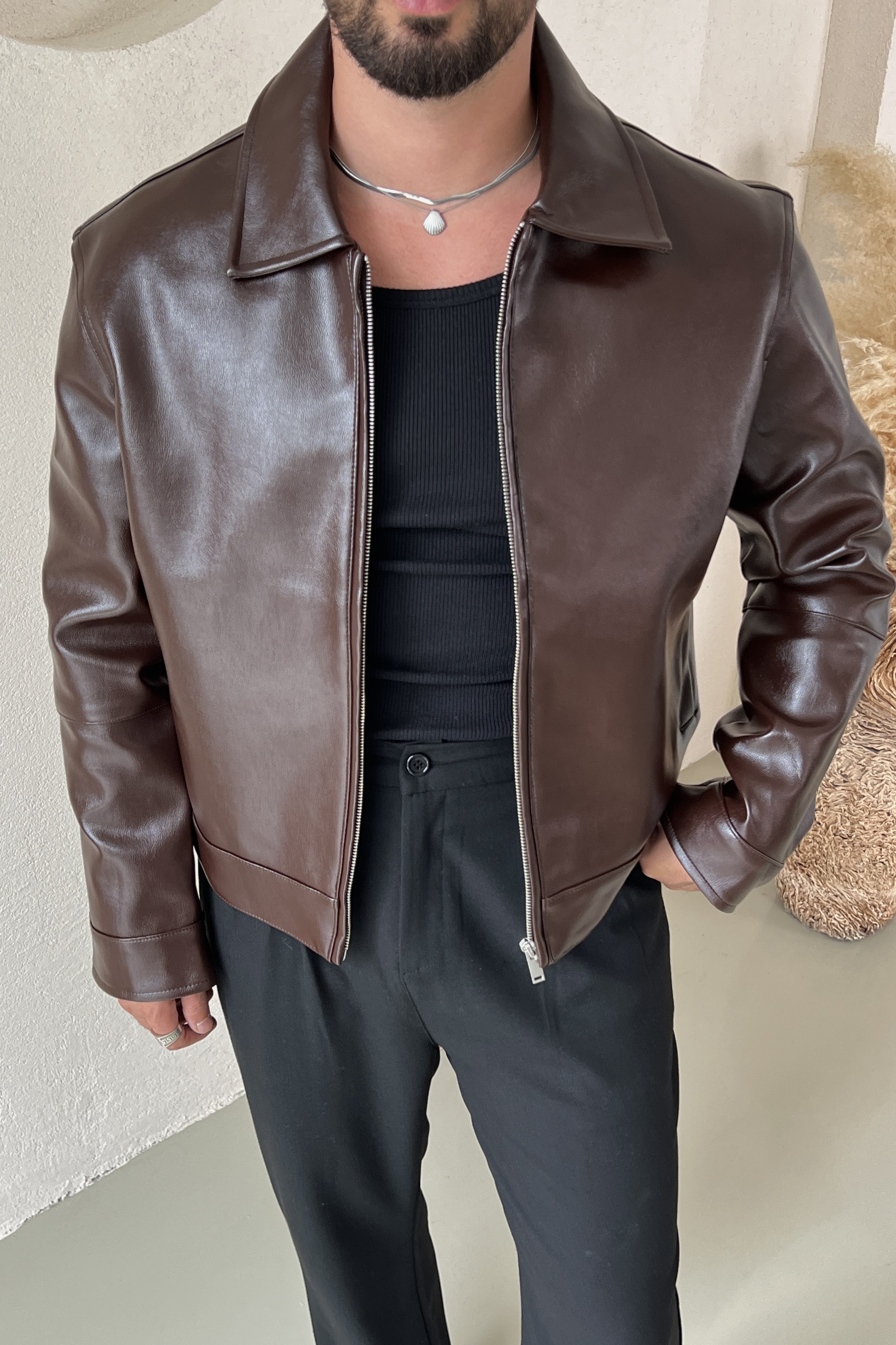 Vintage Box Fit Basic Deri Ceket Kahve