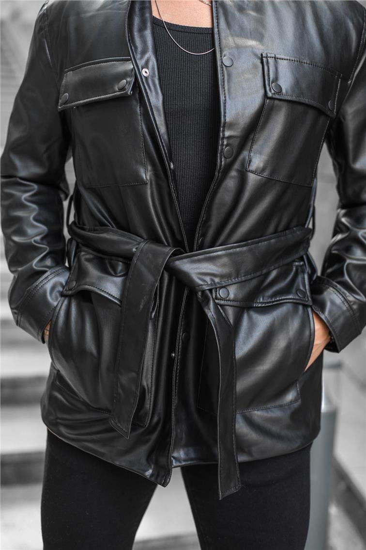 Vintage Kemerli Regular Fit  Deri Ceket Siyah