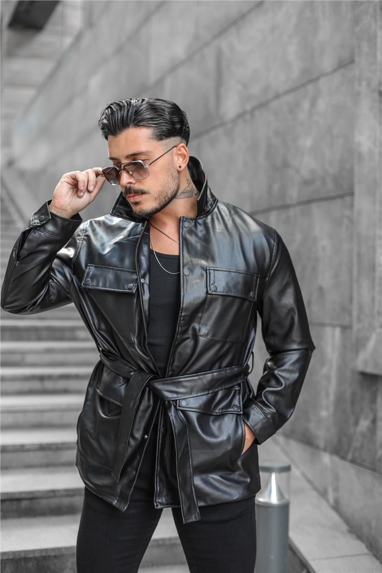 Vintage Kemerli Regular Fit  Deri Ceket Siyah