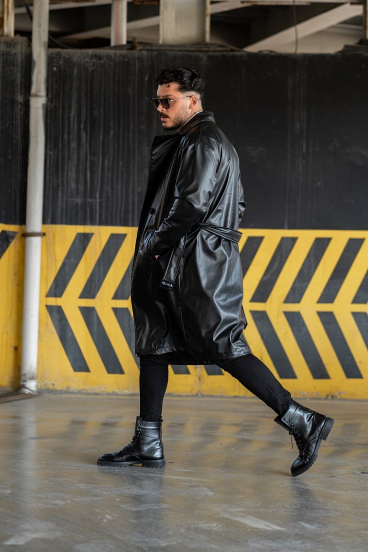 Vintage Kemerli Uzun Deri Kaban Siyah