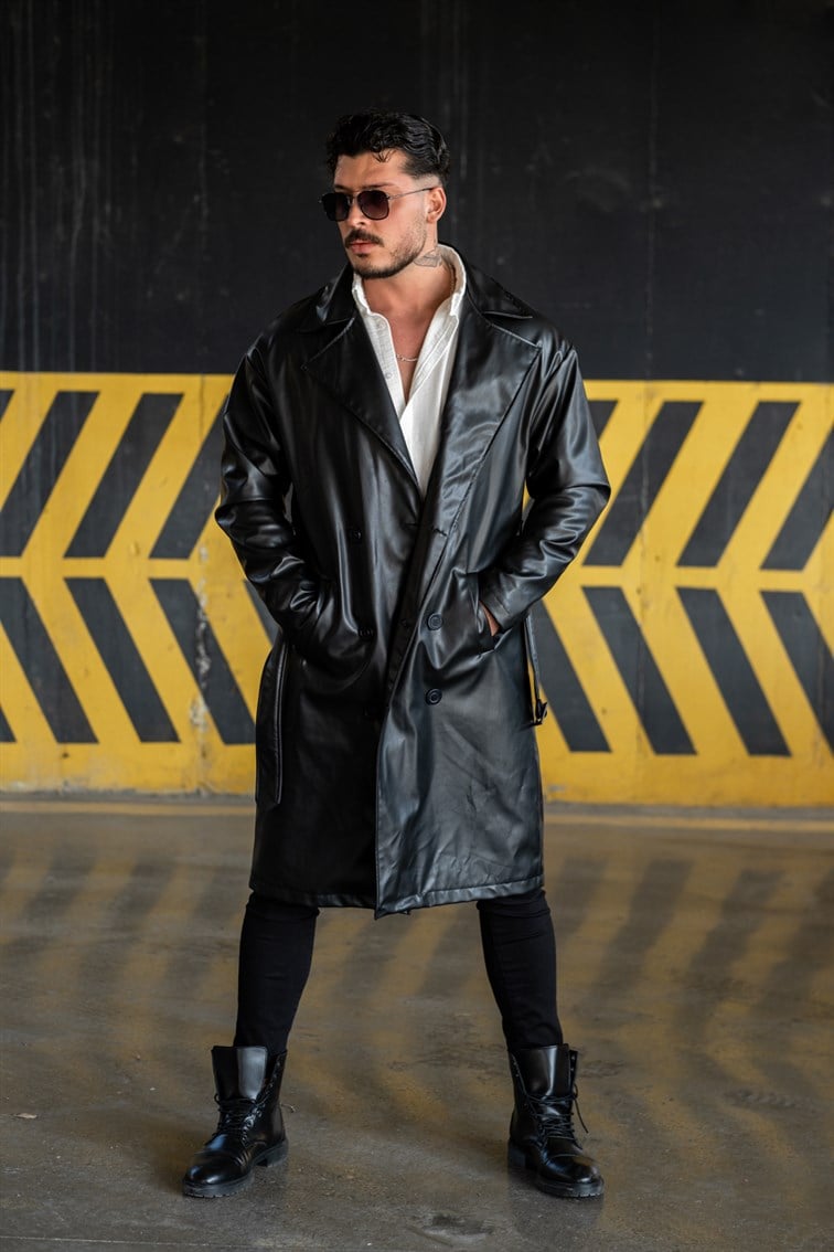 Vintage Kemerli Uzun Deri Kaban Siyah