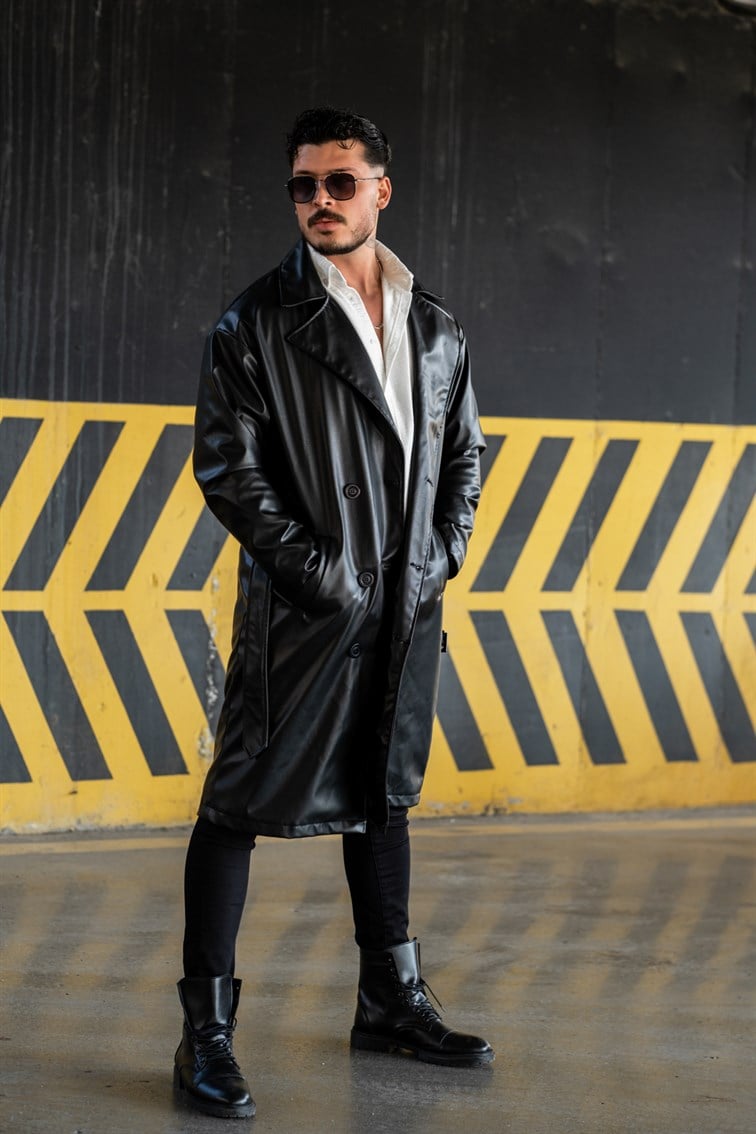 Vintage Kemerli Uzun Deri Kaban Siyah