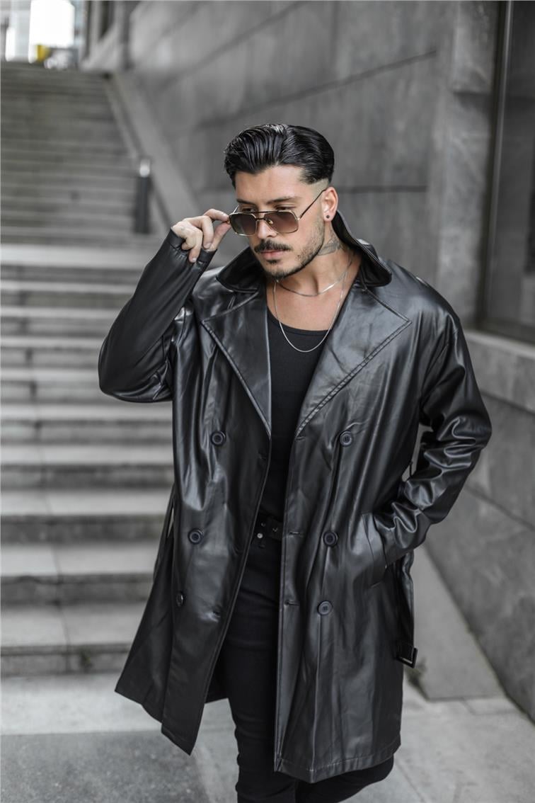 Vintage Kemerli Uzun Deri Kaban Siyah